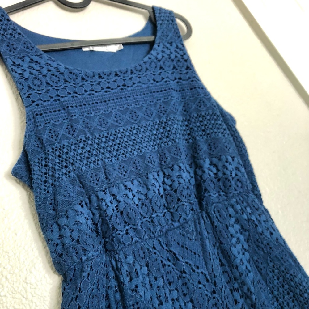Blue Lace Maxi Dress - Sleeveless High-Low Evening Gown - Picture 5 of 9